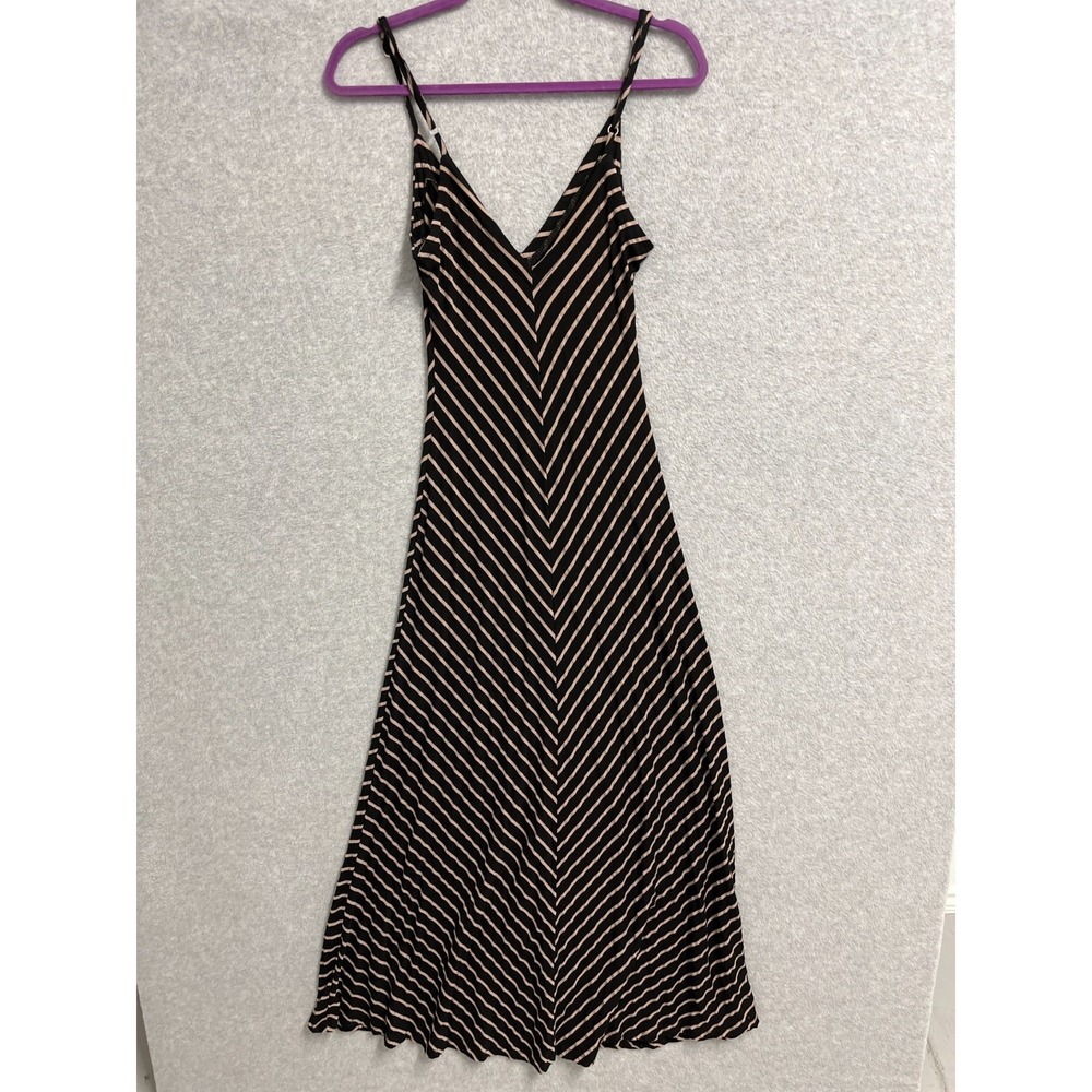 Iris A Line Dress Womens Large Black Brown Striped Plunge V Neck Rayon Stretch